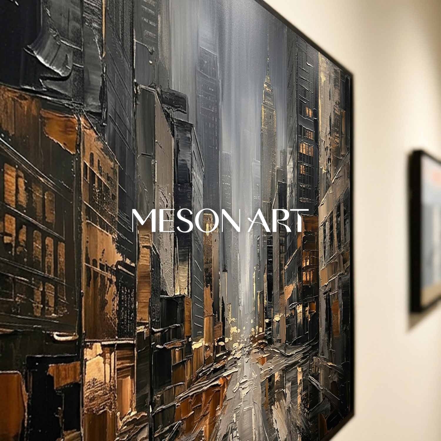 Abstract City Art With Gold Accents And Plaster Texture For Modern Living Room Decor