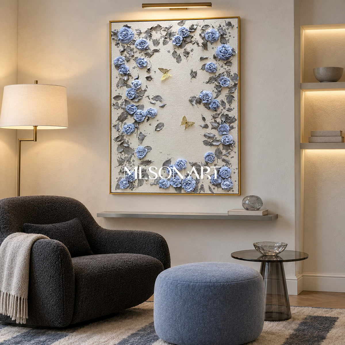 Blue And Gray Botanical Painting Original Hand Painted Modern Organic Wall Art Rectangular Canvas By Mesonart
