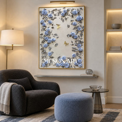 Blue And Gray Botanical Painting Original Hand Painted Modern Organic Wall Art Rectangular Canvas By Mesonart