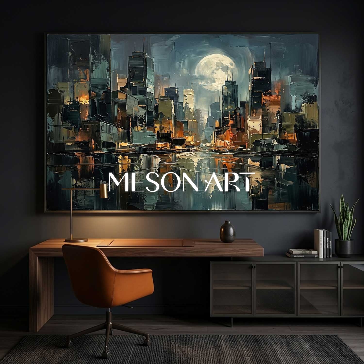 Abstract Cityscape Oil Painting With Textured Plaster Effect For Modern Living Room Decor