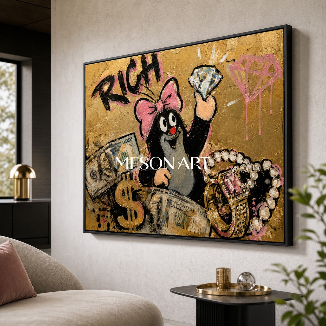 Luxury Graffiti Pop Art Painting With Gold And Pink For Modern Living Room Decor