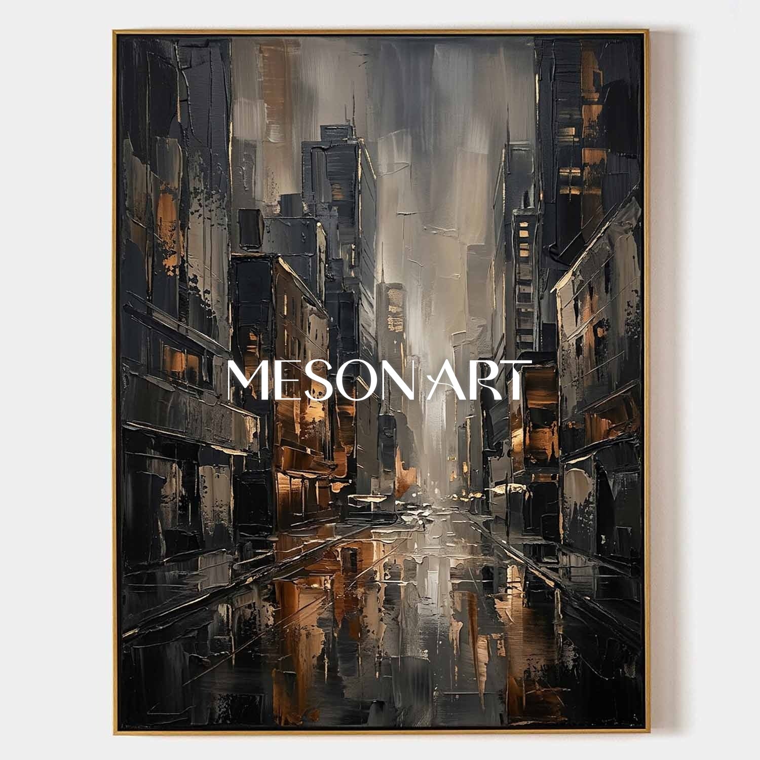 Abstract City Painting With Plaster Texture For Industrial Loft Living Room And Home Office Decor