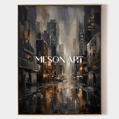 Abstract City Painting With Plaster Texture For Industrial Loft Living Room And Home Office Decor