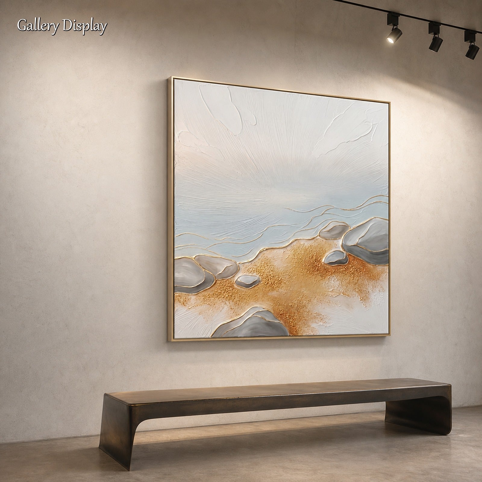 Quadro in pietra lacustre con texture 3D e dettagli dorati per decorare le pareti di un soggiorno moderno
