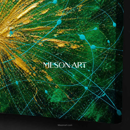 Abstract Gold And Green Explosion Art For Modern Living Room With Metallic Accents