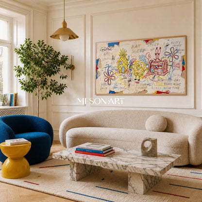 Yellow And Blue Pop Art Graffiti Painting Panoramic Wall Decor For Living Room By Mesonart