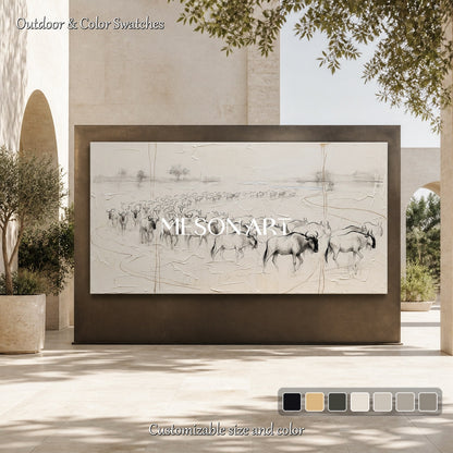 Beige And Black Wildebeest Minimalist Painting Original Artist Panoramic Wall Art For Living Room By Mesonart