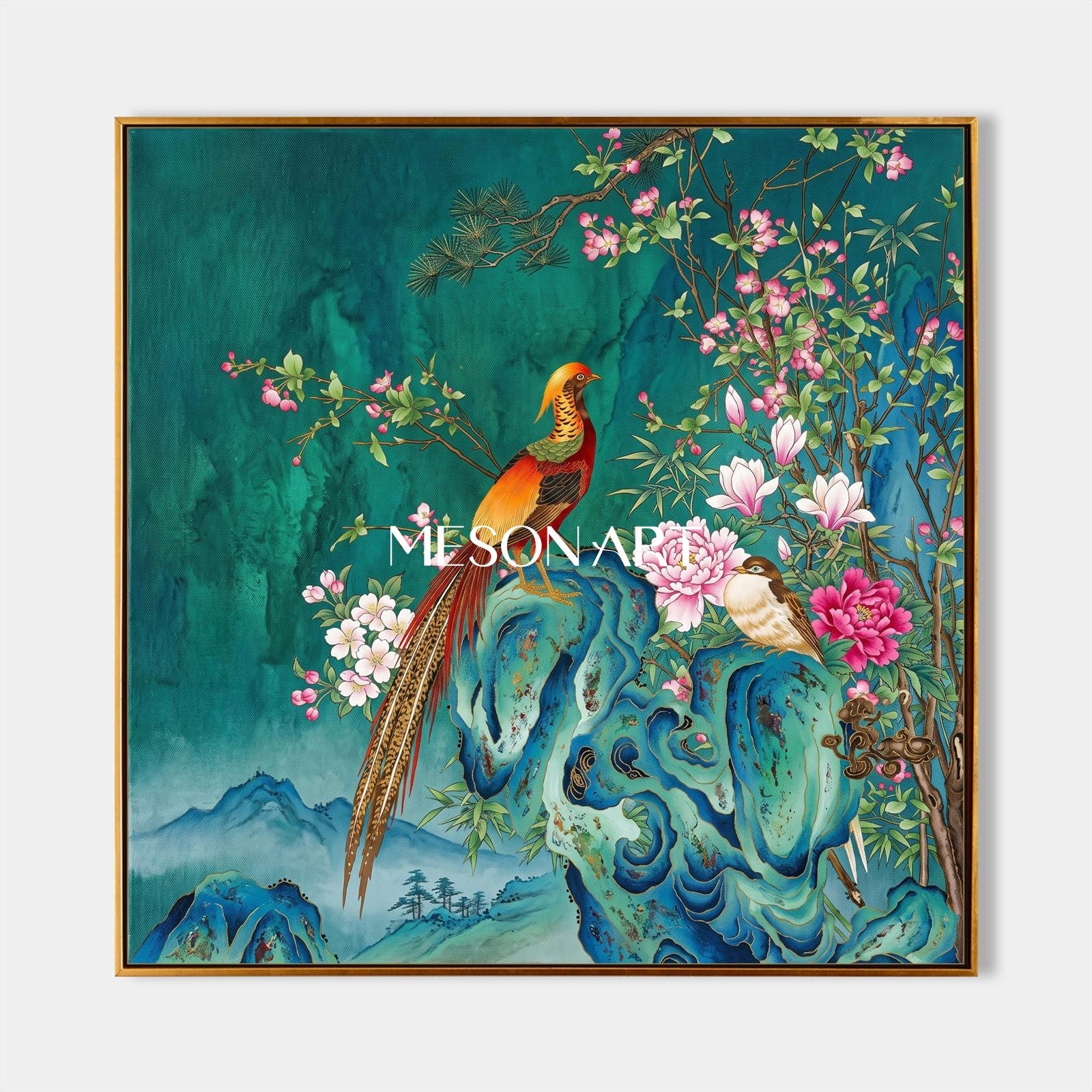 Green And Pink Gongbi Bird And Blossom Painting Square Wall Art Original Artist Hand Painted By Mesonart