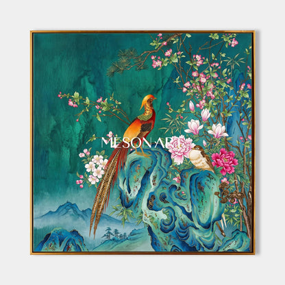 Green And Pink Gongbi Bird And Blossom Painting Square Wall Art Original Artist Hand Painted By Mesonart