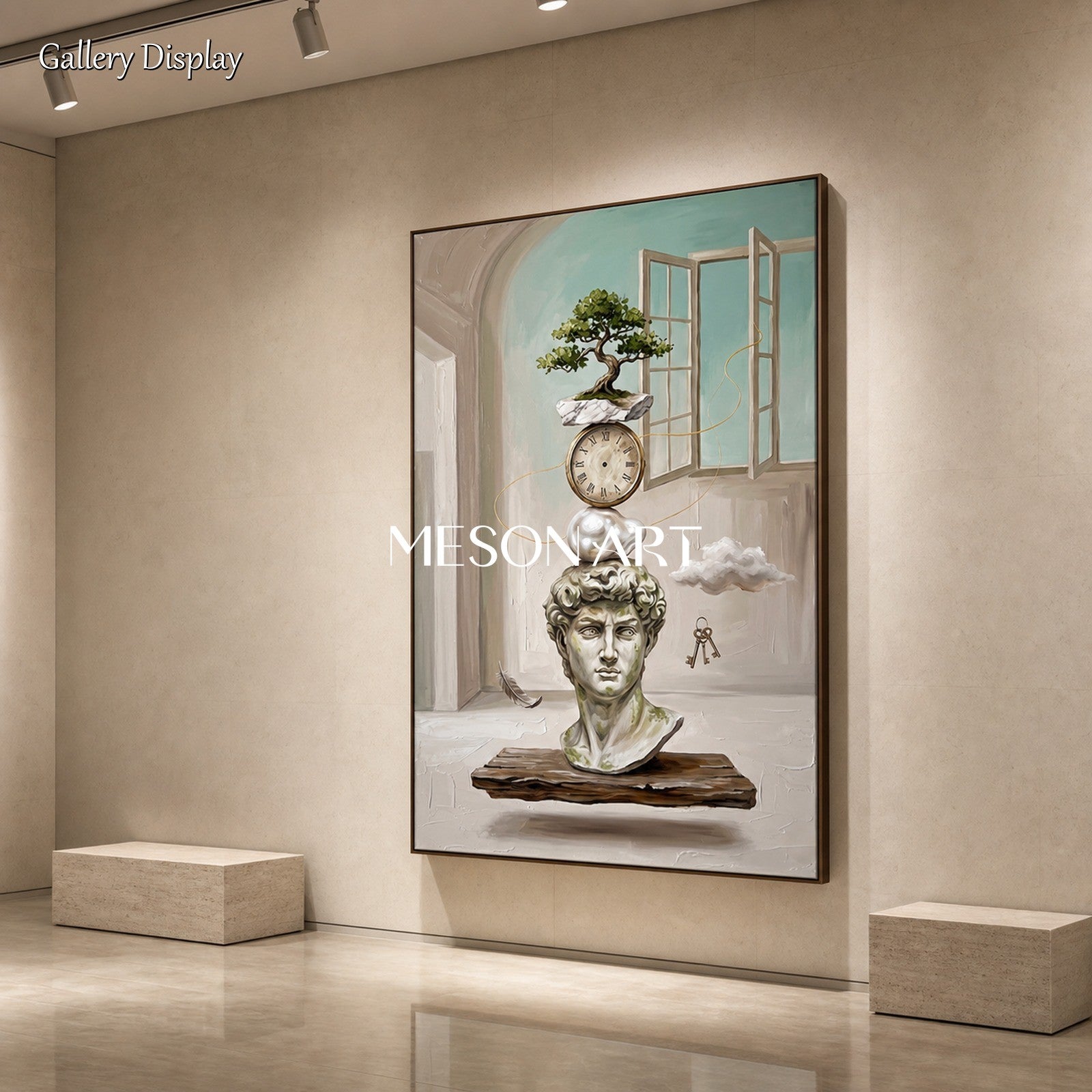 Beige And Green Surrealist Painting Rectangular Wall Art For Living Room Original Artist Hand Painted By Mesonart