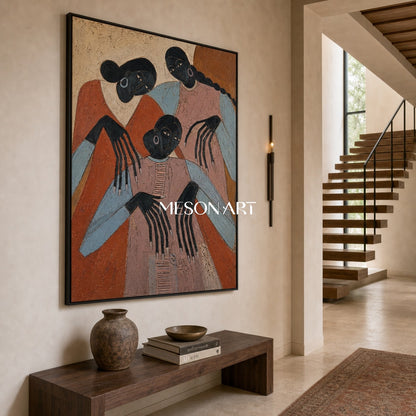 Original Expressionist Art Painting With Primitive Figures For Modern Living Room Decor