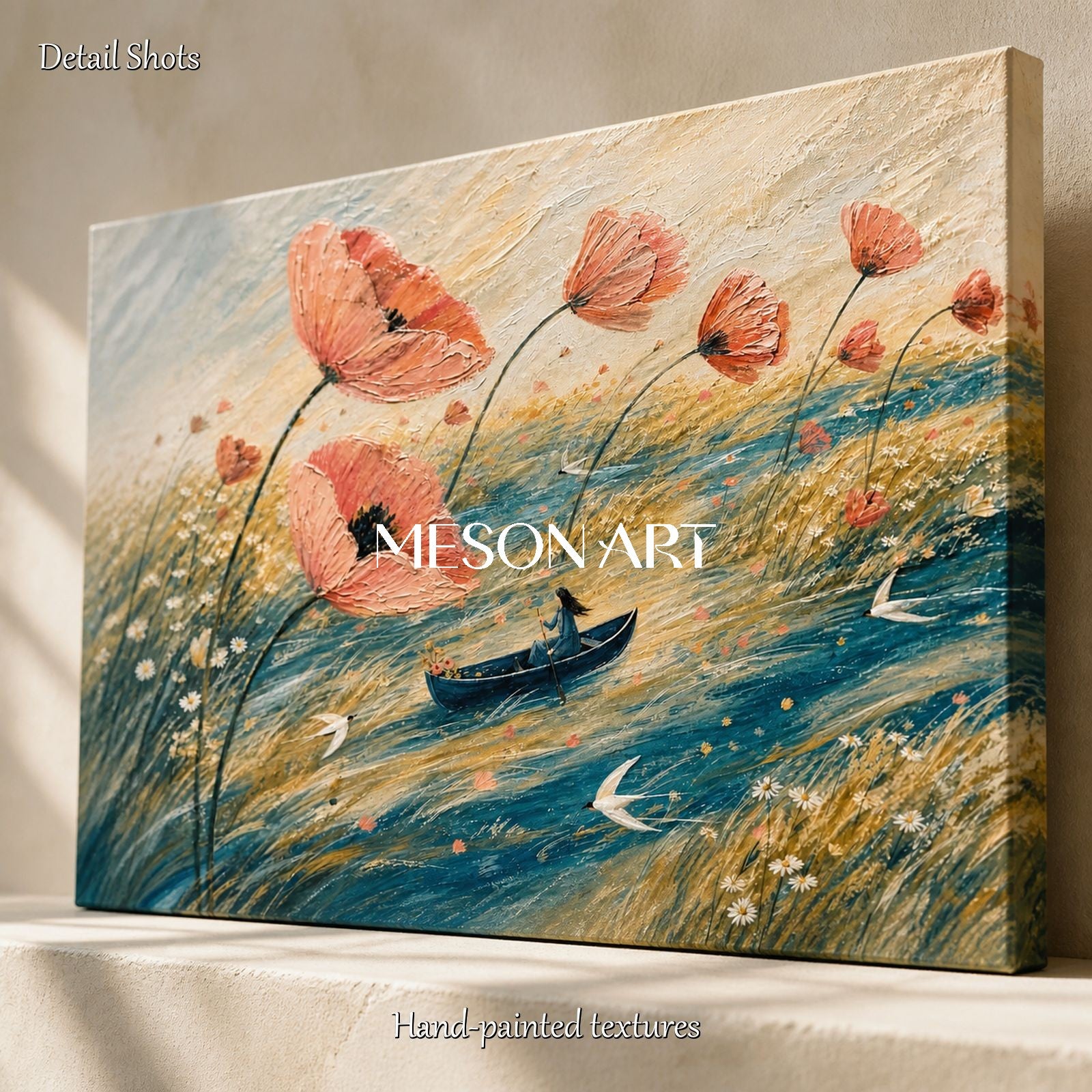 Pink And Blue Poppy Floral Surreal Boat Birds Rectangular Wall Art Original Artist Hand Painted By Mesonart
