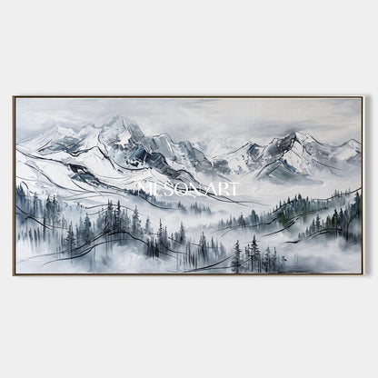 White And Black Mountain Landscape Painting Contemporary Textured Panoramic Art By Mesonart
