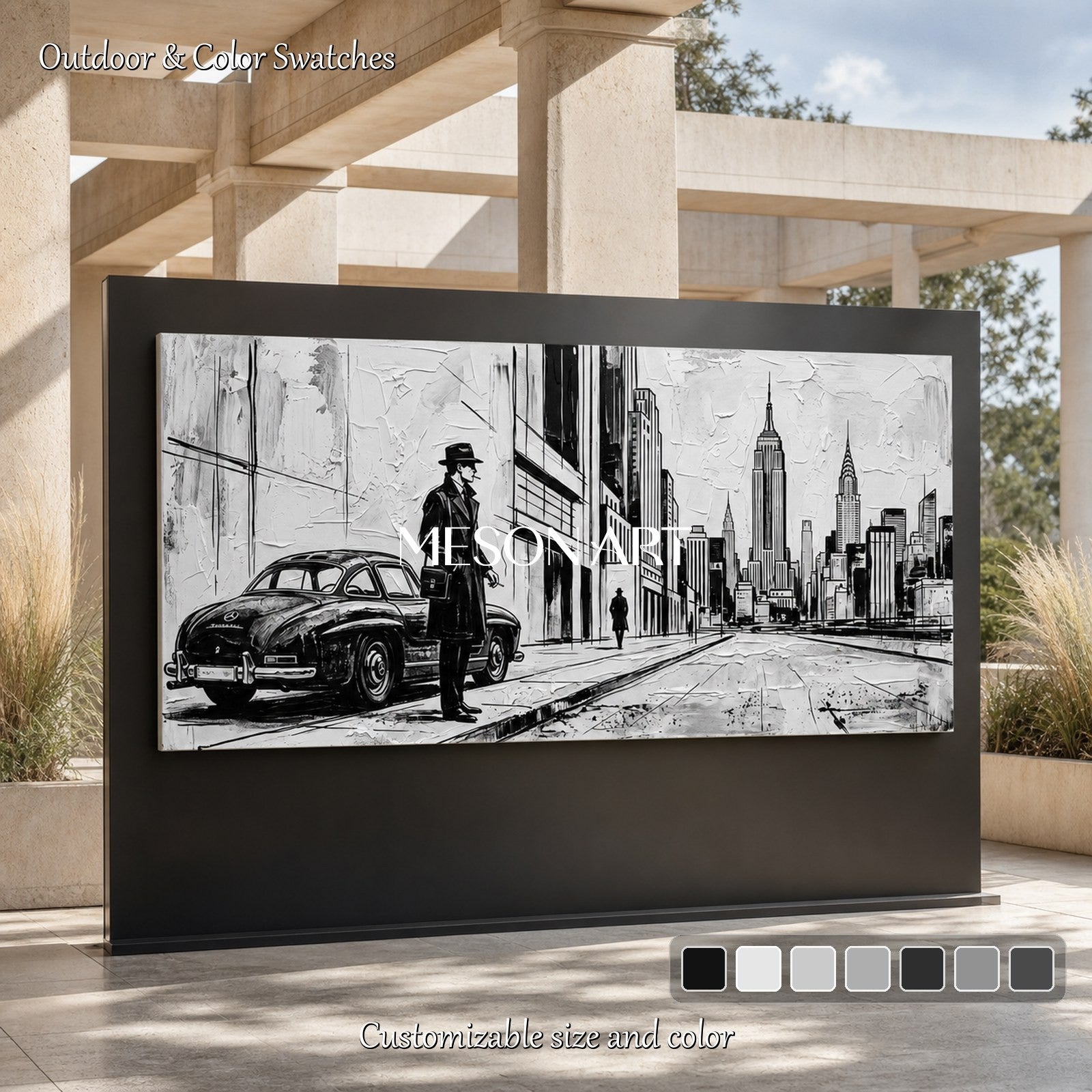 Black And White Contemporary Cityscape Painting Panoramic Wall Art Original Artist Hand Painted By Mesonart