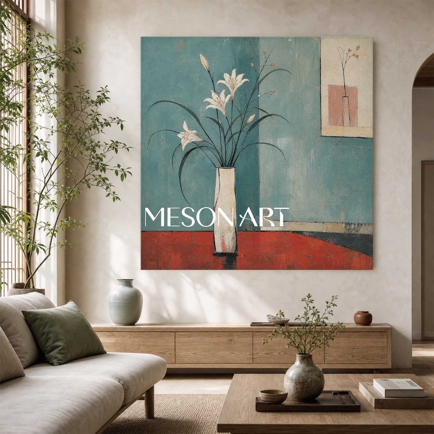 Art Deco Floral Painting With White Lilies On Teal Background For Modern Living Room Decor
