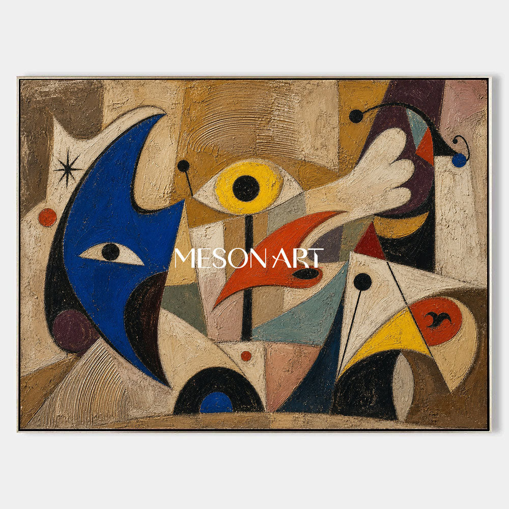 Abstract Surrealist Oil Painting On Linen With Blue And Beige Tones For Living Room Decor