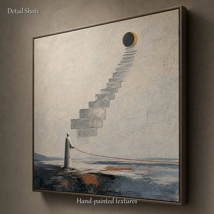 Surrealist Stairway To Moon Original Painting With Textured Plaster And Gold Frame For Living Room