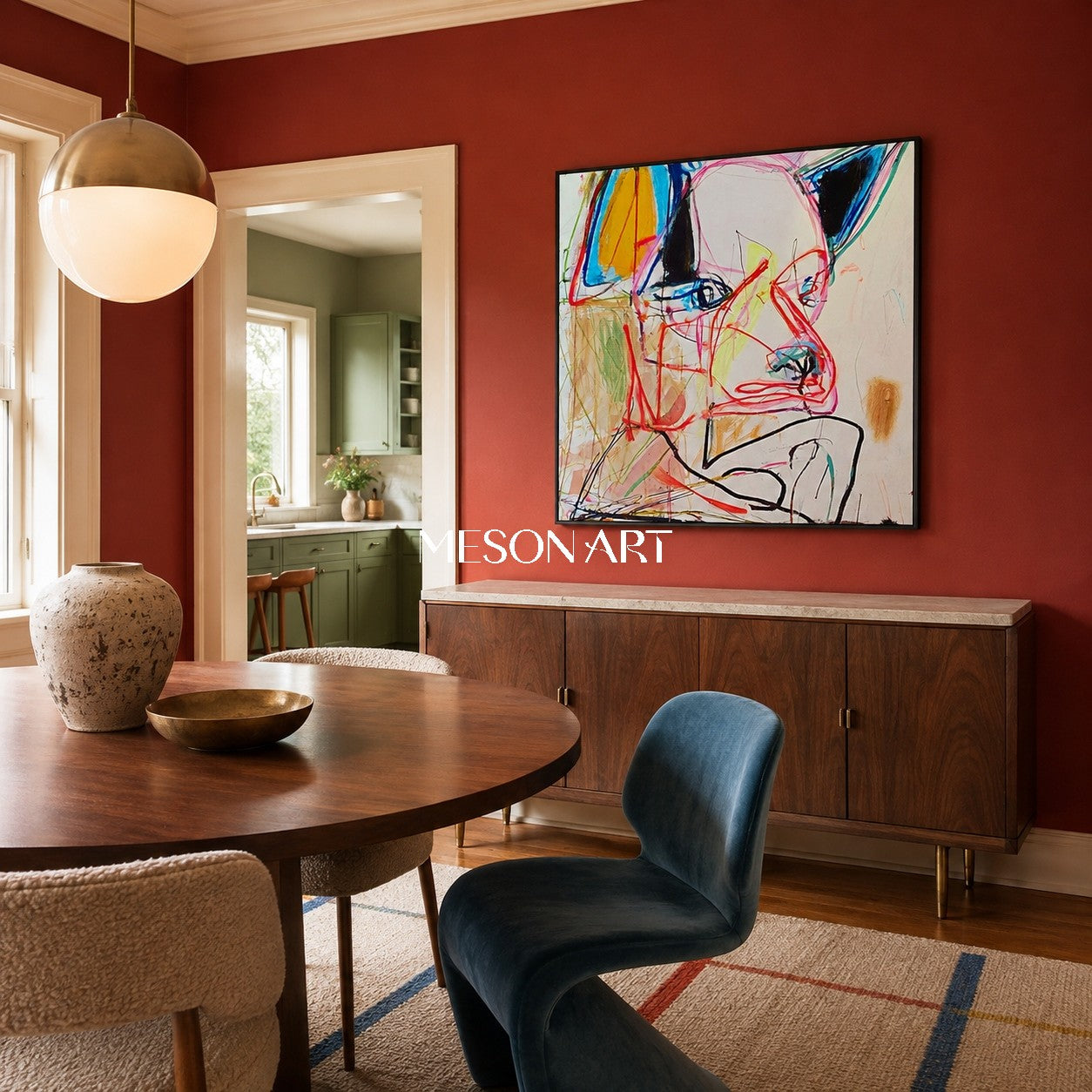 Rote und blaue Graffiti-Graffiti: expressionistisches, abstraktes Porträt als quadratisches Wandbild für das Wohnzimmer von Mesonart