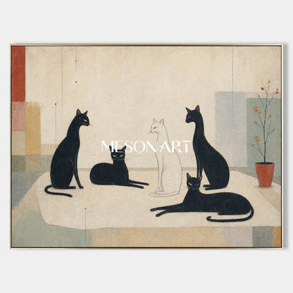 Minimalist Black And White Cat Painting For Modern Home Decor With Art Deco Style