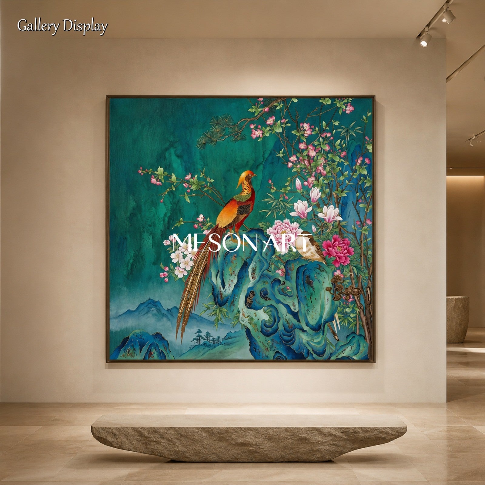 Green And Pink Gongbi Bird And Blossom Painting Square Wall Art Original Artist Hand Painted By Mesonart