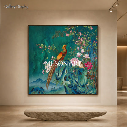 Green And Pink Gongbi Bird And Blossom Painting Square Wall Art Original Artist Hand Painted By Mesonart