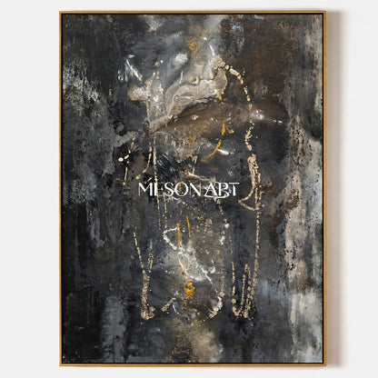 Black And Gold Abstract Painting Modern Textured Wall Art For Living Room Rectangular Canvas By Mesonart