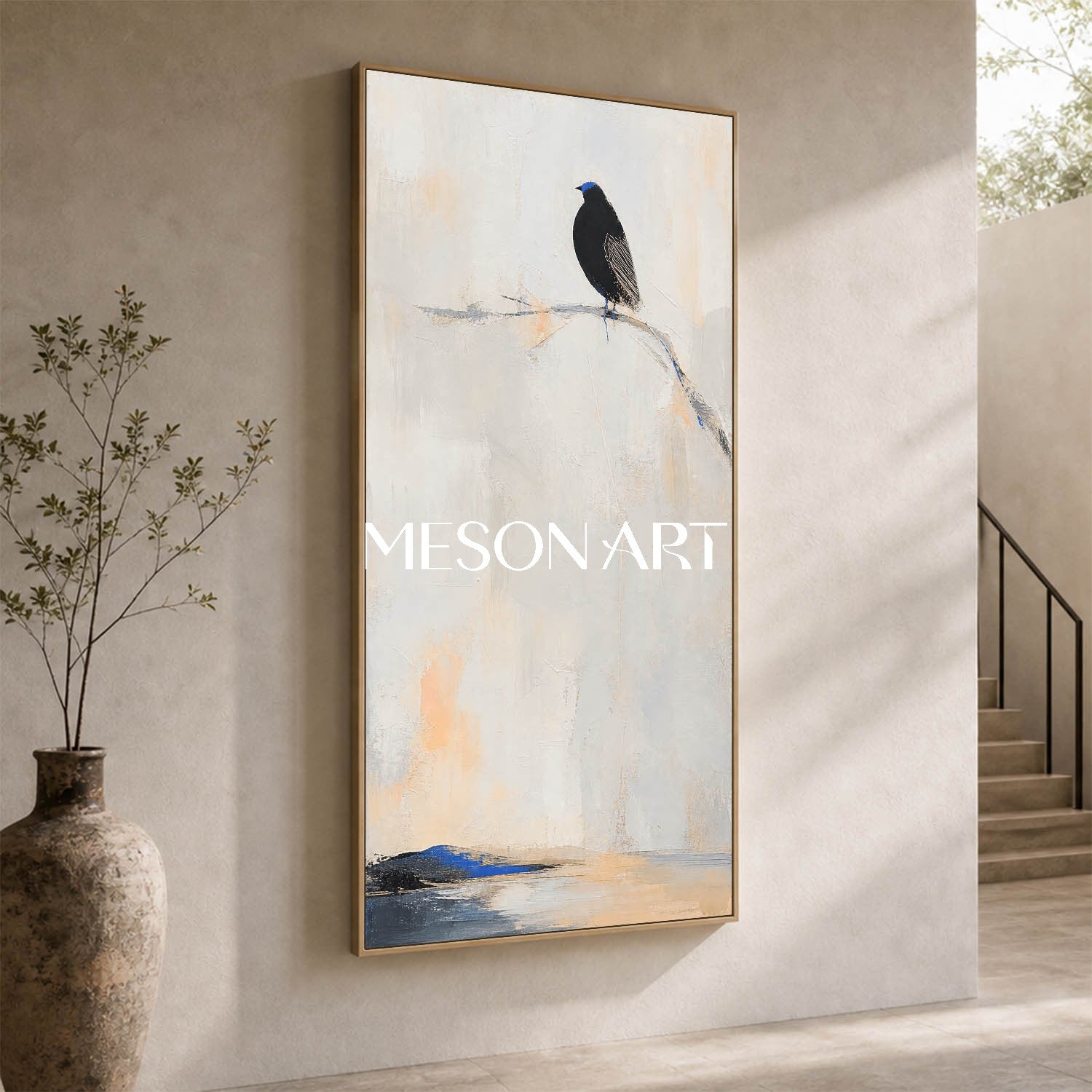 Minimalist Black Bird Painting With Blue Accent For Serene Home Decor