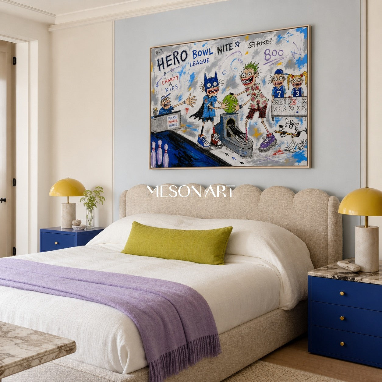 Blue And White Graffiti Cartoon Bowling Art Rectangular Wall Decor Original Artist Hand Painted By Mesonart