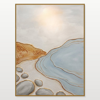 Abstract Blue And Gold Painting With Fluid Motion For Quiet Luxury Living Room Decor