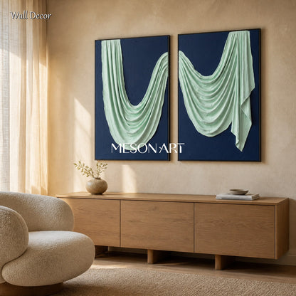 Blue And Green Minimalist Textured Art Rectangular Wall Decor Original Artist Hand Painted By Mesonart