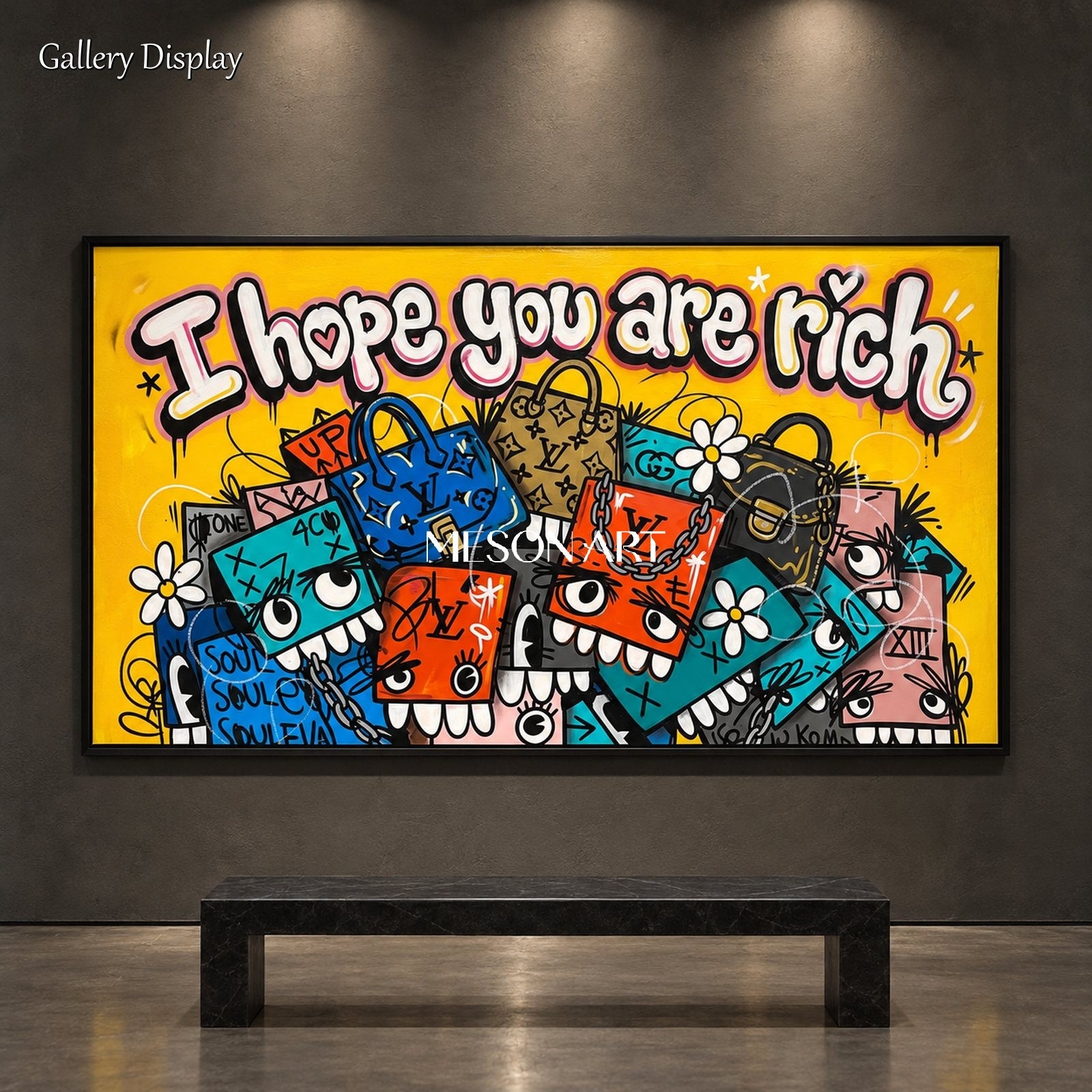 Yellow And Blue Graffiti Art Kaws Style Panoramic Wall Decor For