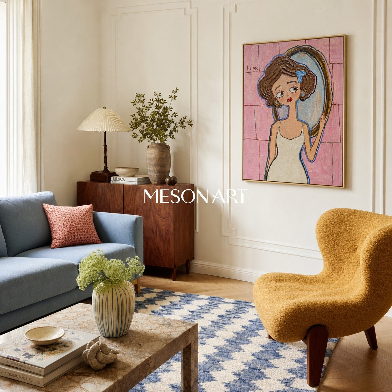 Ritratto in stile Pop Art dai colori vivaci con sfondo rosa a texture, ideale per l'arredamento di una camera da letto moderna