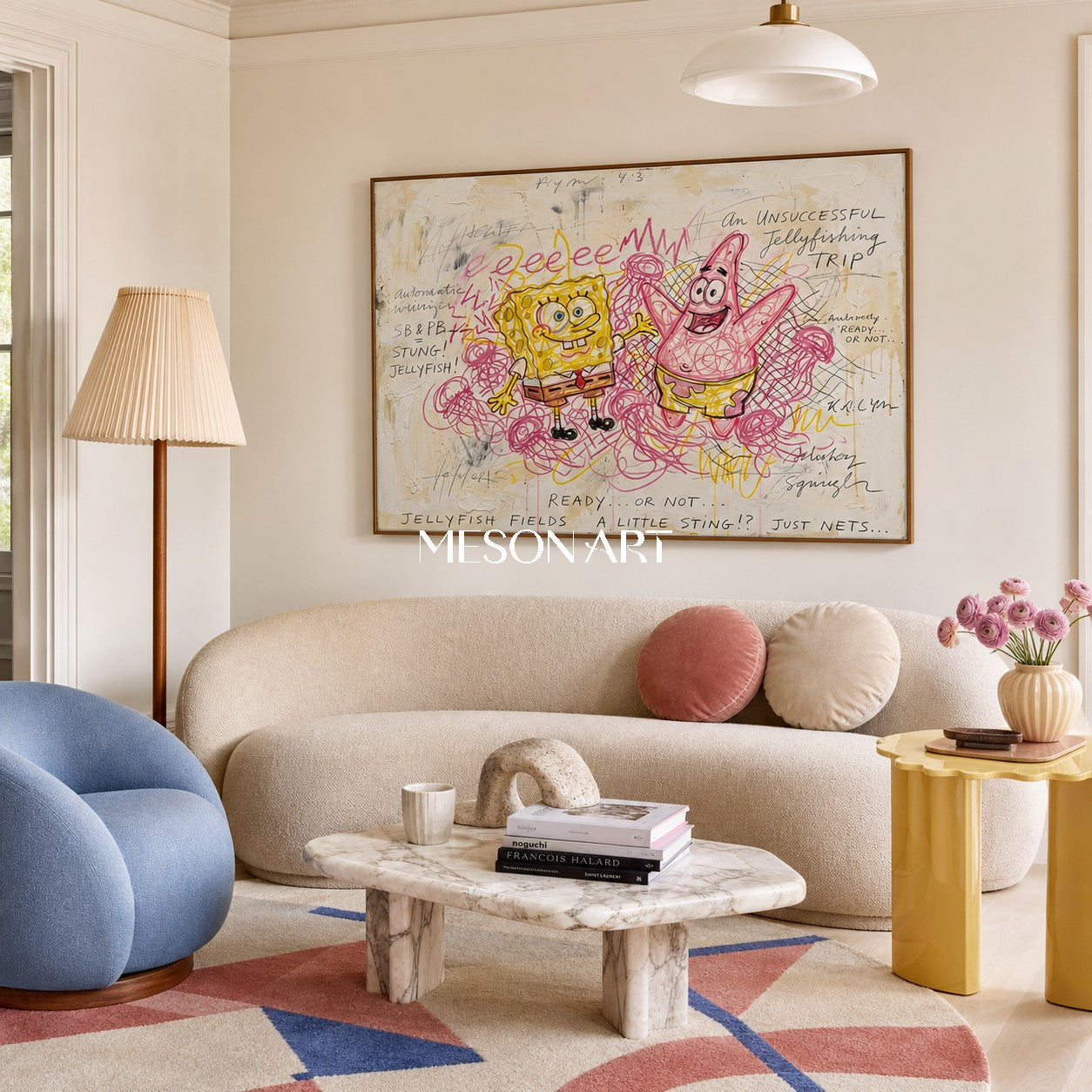Yellow And Pink Pop Art Graffiti Painting Rectangular Wall Decor For Living Room By Mesonart