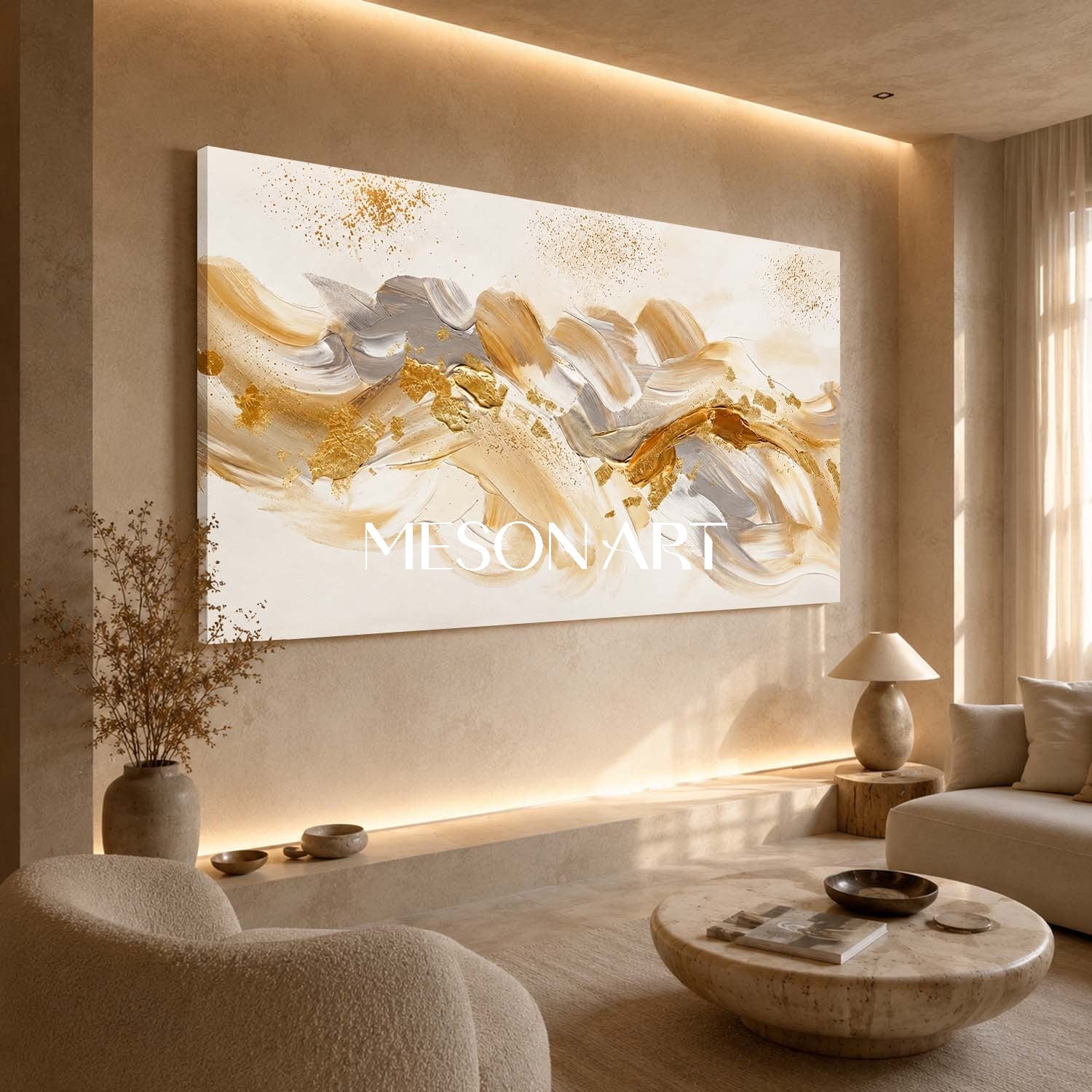 Luxury Gold Abstract Painting With Champagne Tones For Modern Living Room Decor