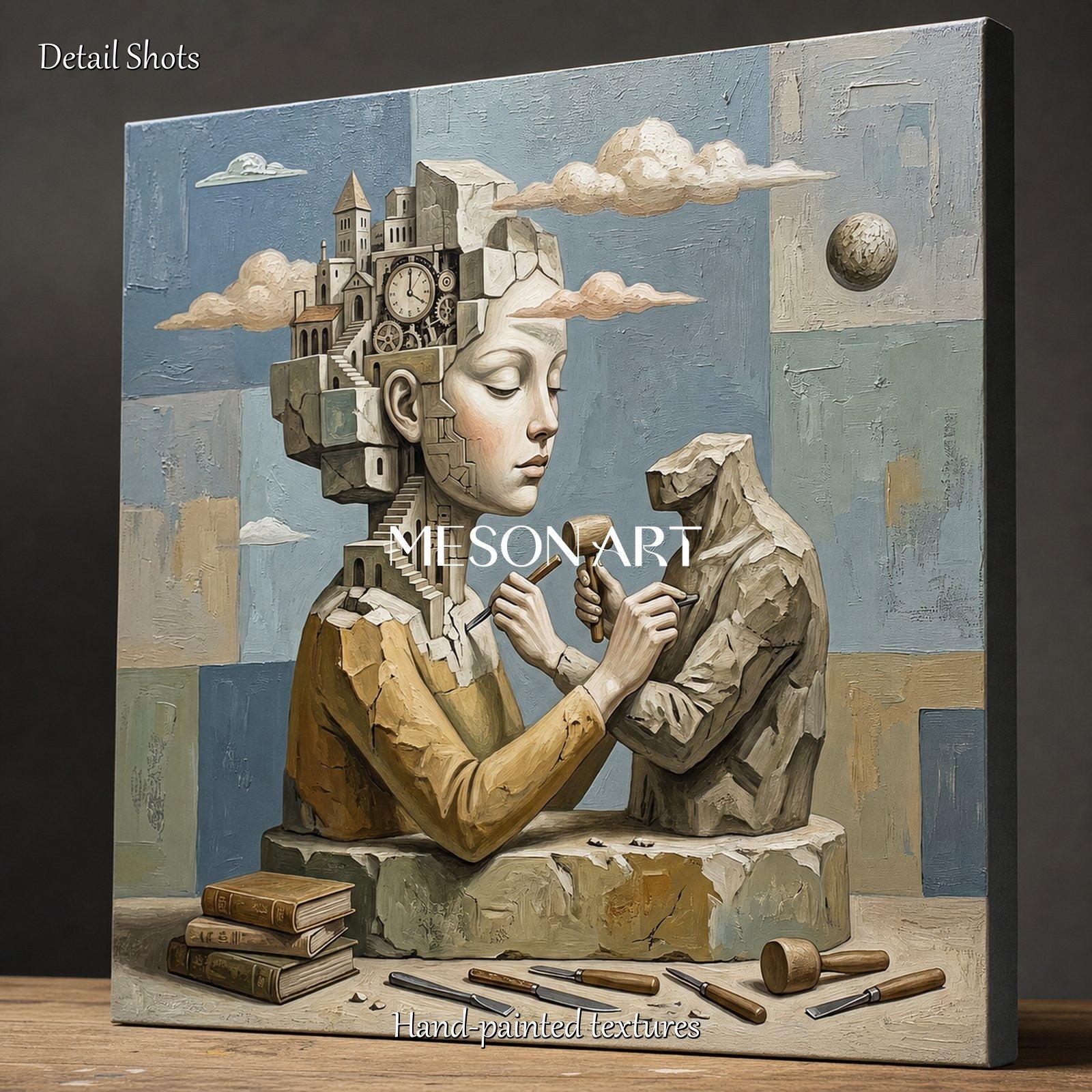 Surrealist Oil Painting With Dreamlike Architecture For Sophisticated Home Office Decor