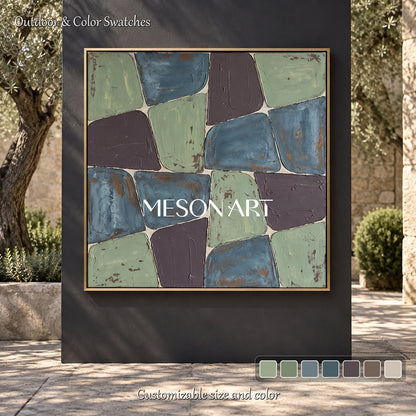 Blue And Green Minimalist Square Wall Art Original Artist Painting For Living Room By Mesonart