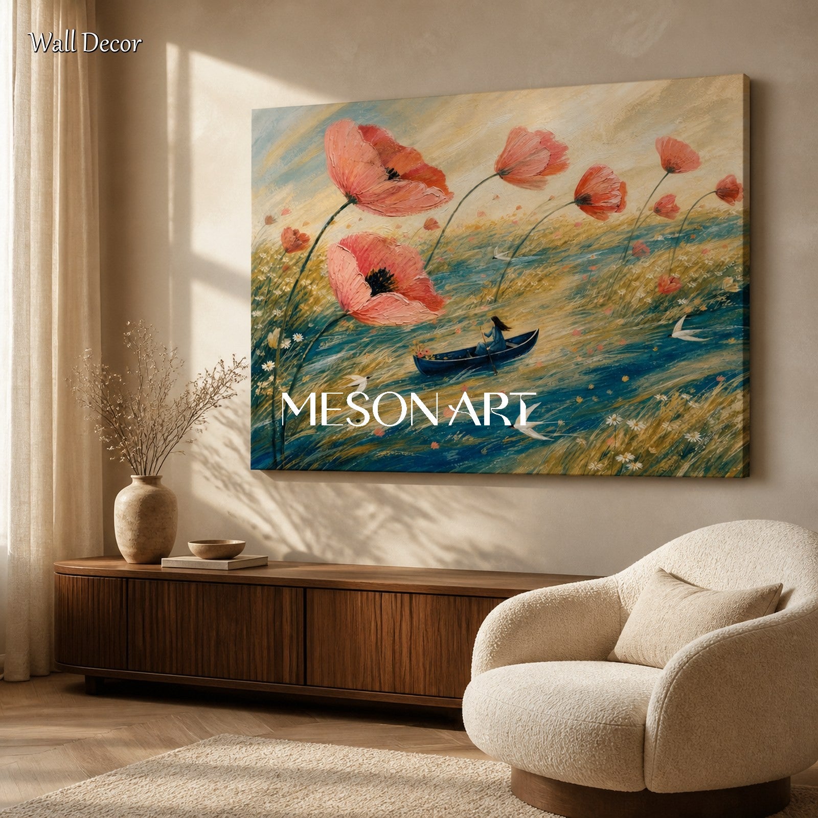 Pink And Blue Poppy Floral Surreal Boat Birds Rectangular Wall Art Original Artist Hand Painted By Mesonart