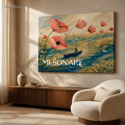 Pink And Blue Poppy Floral Surreal Boat Birds Rectangular Wall Art Original Artist Hand Painted By Mesonart