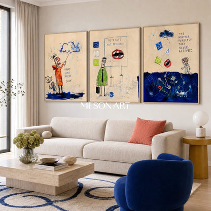 Blue Beige Graffiti Narrative Figurative Cartoon Weather Rectangular Wall Art Original Artist Hand Painted By Mesonart