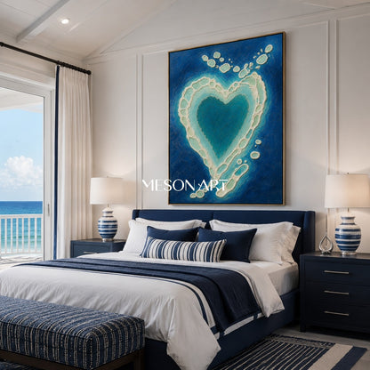 Turquoise Heart Abstract Painting With Plaster Texture For Romantic Bedroom Wall Art