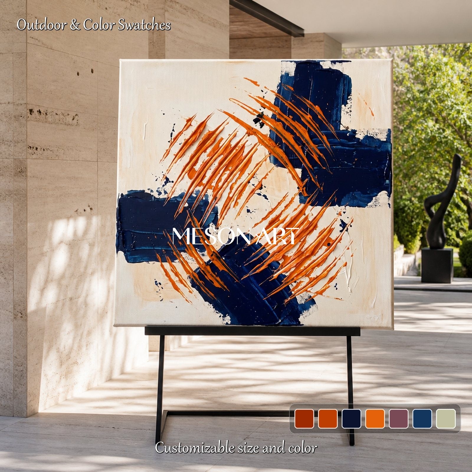 Blue And Orange Abstract Pollock Inspired Square Painting By Artist Wall Art For Living Room By Mesonart