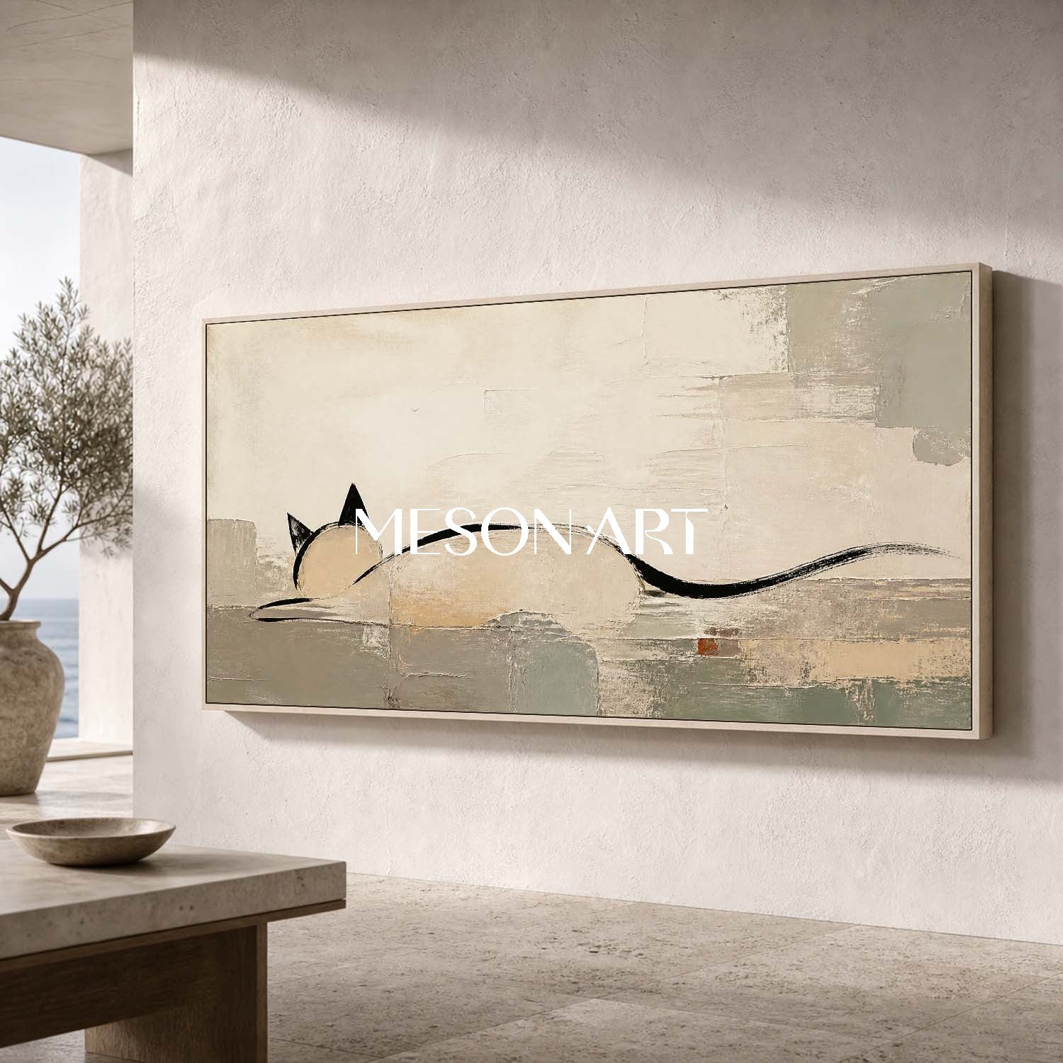 Minimalist Cat Wall Art Large Abstract Painting Beige Black Tones For Modern Living Room Decor