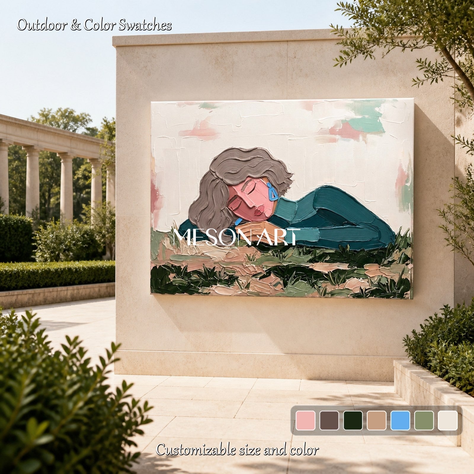 Green And Pink Abstract Figurative Modern Portrait Painting Rectangular Wall Art Original Artist By Mesonart