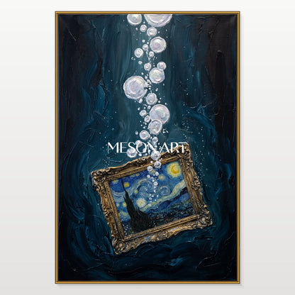 Blue And Gold Surrealism Figurative Contemporary Art Rectangular Wall Decor For Living Room By Mesonart