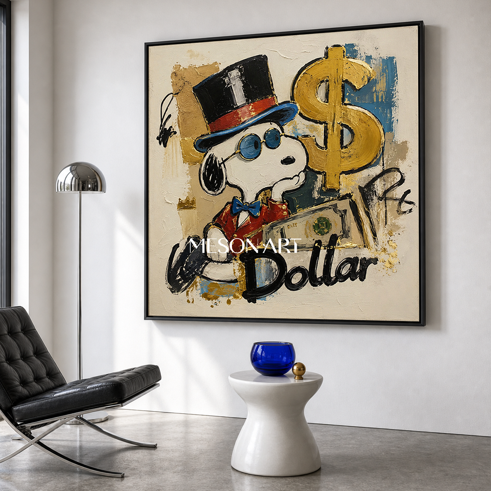 Snoopy Pop Art Painting With Gold Dollar Sign Graffiti Style Canvas Art For Living Room Decor