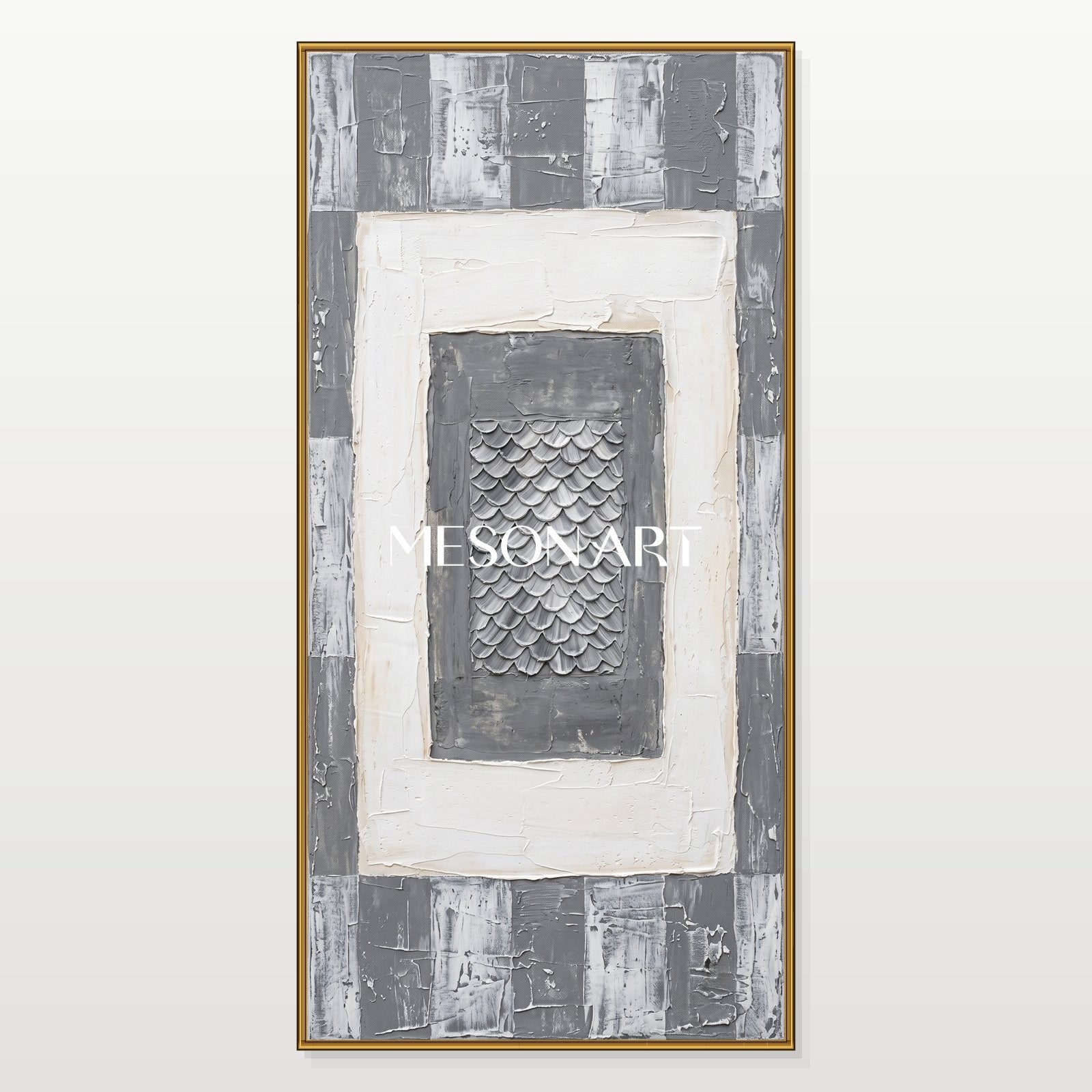 Gray And White Abstract Geometric Painting With Rich Textured Relief For Modern Living Room Decor
