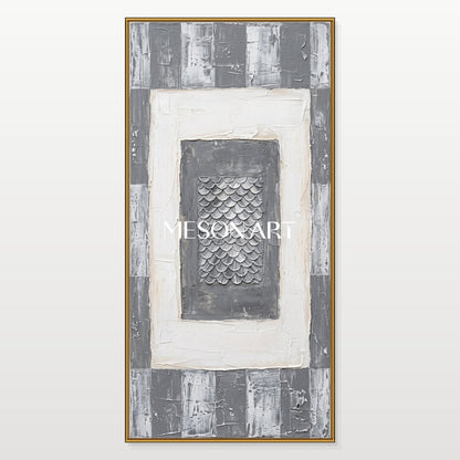 Gray And White Abstract Geometric Painting With Rich Textured Relief For Modern Living Room Decor