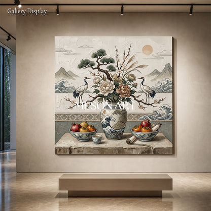 Japanese Inspired Still Life Art With Cranes And Peonies For Calm Living Spaces