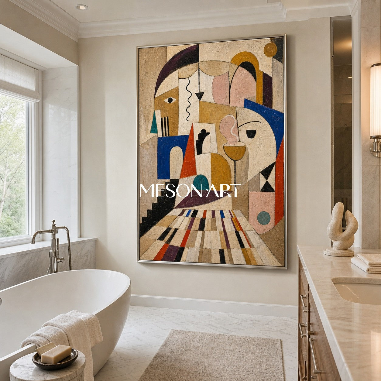 Cubist Expressionist Art Painting With Architectural Forms For Modern Home Decor