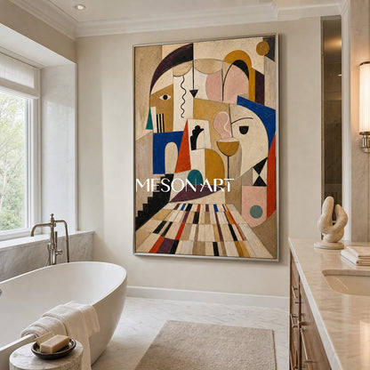Cubist Expressionist Art Painting With Architectural Forms For Modern Home Decor
